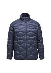 Navy Puffermantel mit hohem Kragen, gestepptem Wellenmuster, Frontreißverschluss und Logo auf der linken Brust. Leichtes, wasserabweisendes Material.