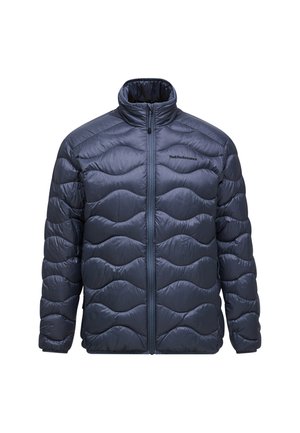 Navy Puffermantel mit hohem Kragen, gestepptem Wellenmuster, Frontreißverschluss und Logo auf der linken Brust. Leichtes, wasserabweisendes Material.