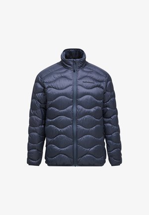 Navy Puffermantel mit hohem Kragen, gestepptem Wellenmuster, Frontreißverschluss und Logo auf der linken Brust. Leichtes, wasserabweisendes Material.