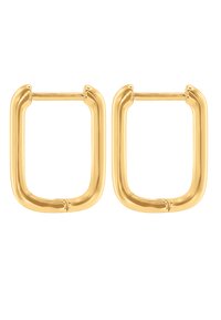 Rechteckige Creolen in Goldfarbe mit einer glatten, abgerundeten Form und einer glänzenden Oberfläche. Mit ergonomischem Verschluss für einfaches Tragen.