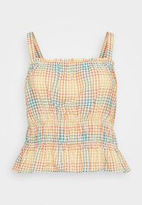 Top de alças com franzido em padrão de gingham multicolorido, apresentando alças finas, um corpete franzido e uma bainha com babados. As cores incluem laranja, amarelo e azul.