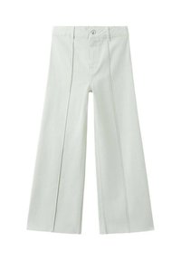Lysegrønne bukser med vide ben lavet af denim med forreste læg og knaplukning. Har et traditionelt design med fem lommer.
