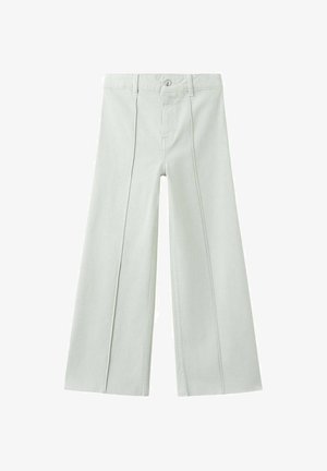 Pantalon large vert clair en denim avec plis à l'avant et fermeture par bouton. Il présente une conception traditionnelle à cinq poches.