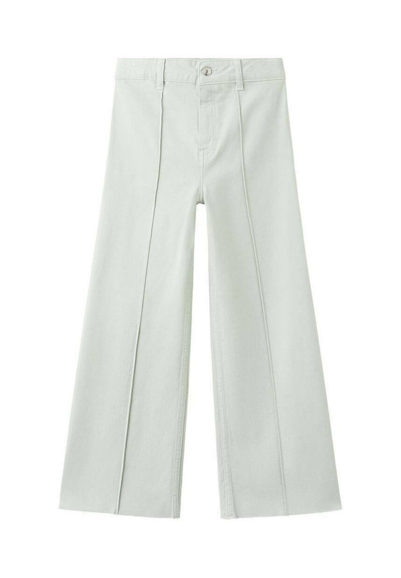 Lysegrønne bukser med vide ben lavet af denim med forreste læg og knaplukning. Har et traditionelt design med fem lommer.