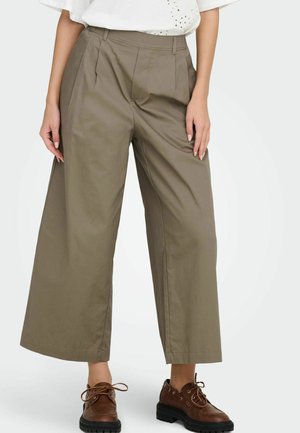 Moteris dėvi aukšto liemens plačią žaliąsias kelnes, baltą trumpomis rankovėmis palaidinę ir rudus raištelius turinčius batus, stovinti priešais paprastą foną.