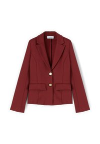 Blazer su misura color borgogna con due bottoni dorati, revers a punta e due tasche frontali. Design strutturato e texture del tessuto liscia.