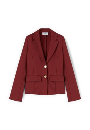 Blazer su misura color borgogna con due bottoni dorati, revers a punta e due tasche frontali. Design strutturato e texture del tessuto liscia.