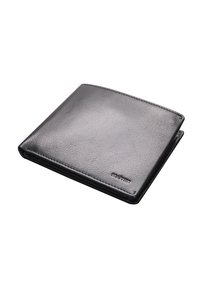 Billetera bifold de cuero negro con textura suave, costuras sutiles y marca en relieve. Diseño simple sin patrones o acentos visibles.
