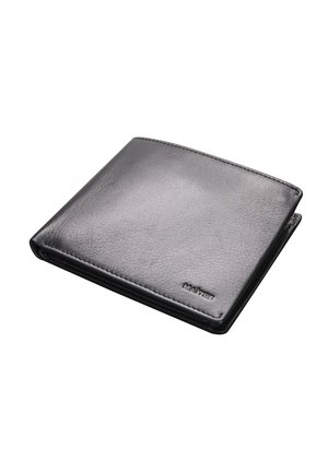 Portefeuille bifold en cuir noir avec une texture lisse, des coutures discrètes et un logo en relief. Design simple sans motifs ni accents visibles.