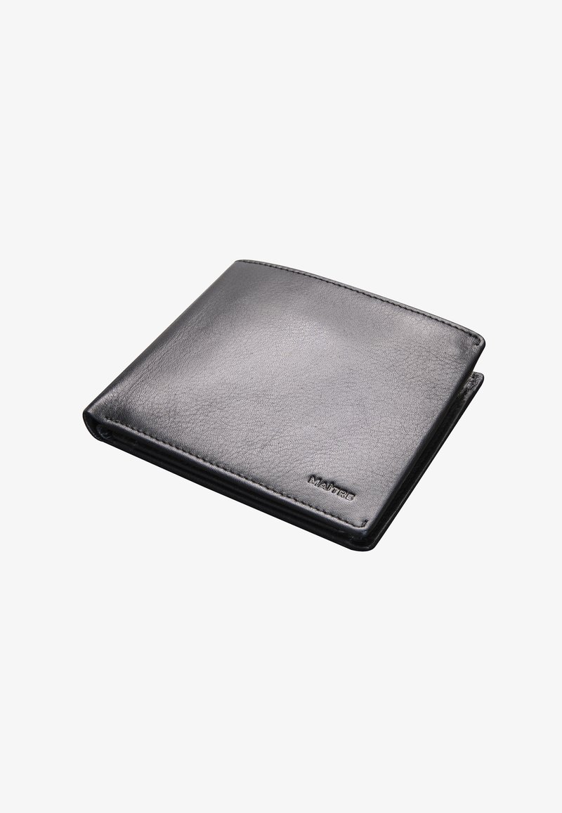 Billetera bifold de cuero negro con textura suave, costuras sutiles y marca en relieve. Diseño simple sin patrones o acentos visibles.