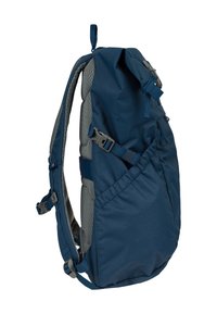 Navy blue backpack with gray mesh padding, adjustable straps, cinch closure, and side buckles. Compact design suitable for outdoor use.