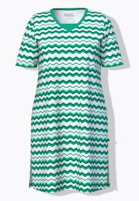 Kjole med korte ærmer og V-hals, med et zigzag-mønster i grøn, hvid og sort samt små sideslidser.