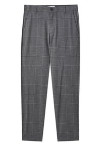 Pantalon gris sur mesure avec un motif discret en carreaux blancs en damier, fermeture avant par bouton et zip, et poches latérales.