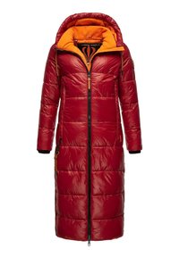 Rode pufferjas met een oranje fleece-voering in de capuchon, lange snit, ritssluiting, elastische manchetten en zakken met contrasterende details.