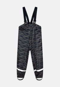 Navy waterproof overalls with wave pattern in gold. Adjustable black shoulder straps and reflective white stripes at the lower legs.
