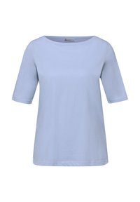 Chemise bleu clair à manches courtes avec un col rond, design simple, et une petite étiquette "Street One" au niveau du col.