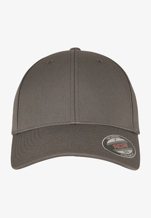 Gray fitted cap made of fabric with a smooth texture. Features a rounded crown and a curved brim. Includes a "Flexfit" logo decal on the side.