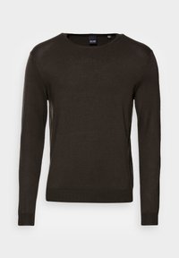Pull vert foncé à manches longues avec un col rond, des poignets et un ourlet côtelés, confectionné en tissu tricoté doux, présentant un design minimaliste.