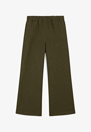 Wijde broek in een donker olijfgroen stof met een zachte textuur en een elastische tailleband, met strakke lijnen en zonder zichtbare hardware.