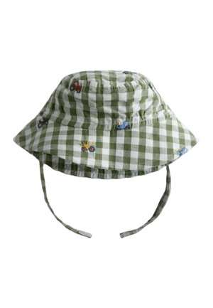 Chapeau bob à carreaux verts et blancs avec de petits tracteurs colorés brodés et des sangles sous le menton.