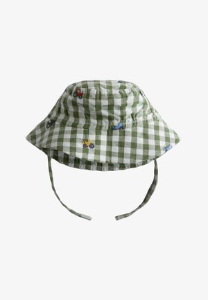 Zeleno-biely kockovaný bucket klobúk s vyšívanými malými farebnými traktorčekmi a pásikmi na podbradok.
