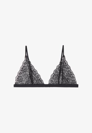 Bralette en dentelle noire avec des bonnets triangulaires, un design floral, des bretelles ajustables et une bande noire solide. La texture transparente met en valeur les détails.