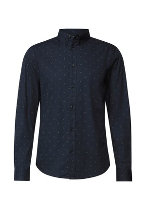 Camisa de botones azul marino con un sutil patrón geométrico, de manga larga y cuello clásico. Fabricada en una tela ligera con una textura suave.