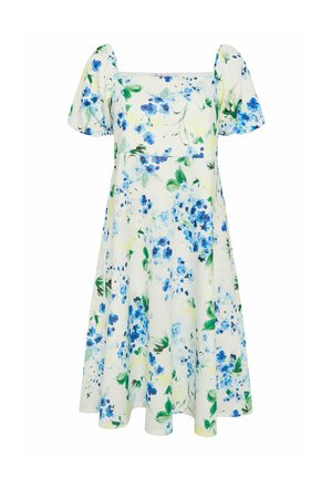 Weißes Kleid mit blauem Blumenmuster, kurzen Puffärmeln, quadratischem Ausschnitt und einem ausgestellten Rock.