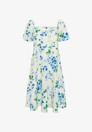 Witte jurk met blauwe bloemenprint, korte pofmouwen, een vierkante halslijn en een A-lijn rok.