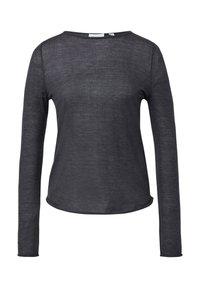 Langärmliges, Rundhals-Oberteil aus dunkelgrauem Strickmaterial. Leichte Textur mit glatter Oberfläche. Abgerundeter Saum mit enganliegenden Ärmeln.