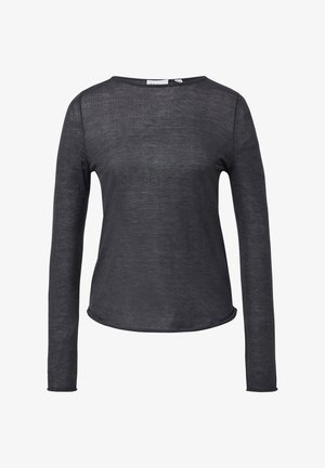 Długi rękaw, bluzka z okrągłym dekoltem w ciemnoszarym dzianinowym materiale. Lekka tekstura z gładkim wykończeniem. Zaokrąglony dół i dopasowane rękawy.