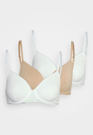 Three bras in white and nude, featuring padded cups, adjustable straps, and smooth, stretchy fabric. Classic triangular design.