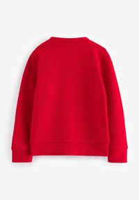 Roter Pullover aus strukturiertem Stoff, Rundhalsausschnitt und langen Ärmeln. Mit lässiger Passform und seitlichen Schlitzen am Saum.