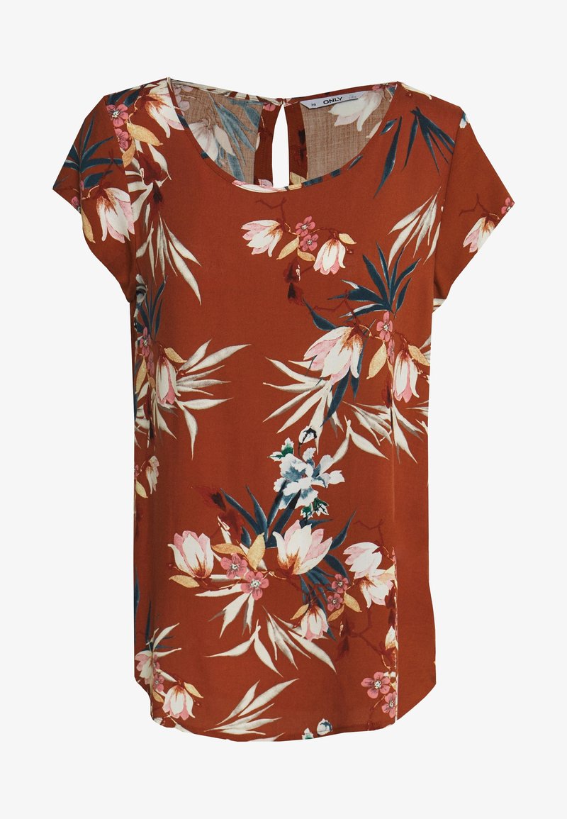 Blouse à manches courtes couleur rouille avec imprimé floral rose et blanc et petite fermeture avec bouton à trou au niveau de l'encolure dos.