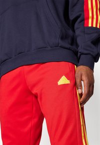 Felpa con cappuccio blu navy con maniche a righe rosse e gialle, abbinata a pantaloni rossi con accenti gialli e un logo sulla coscia.