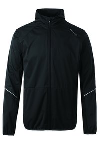 Schwarze leichte Jacke mit hohem Kragen, durchgehendem Reißverschluss, elastischen Bündchen und zwei seitlichen Reißverschlusstaschen. Verfügt über reflektierende Akzente.
