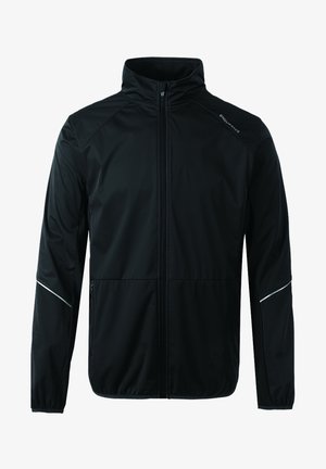 Black lightweight jacket with a high collar, full front zipper, elastic cuffs, and two zippered side pockets. Features reflective accents.