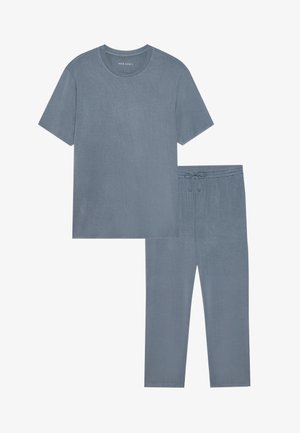 Helles Blau, kurzärmeliges T-Shirt und passende Jogginghose mit Kordelzug ordentlich angeordnet. Der Stoff sieht weich und bequem aus.