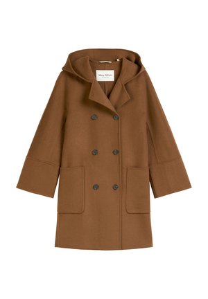 Brown woolen coat with a hood, double-breasted front, large pockets, and three-quarter sleeves. Features black buttons and a classic cut.