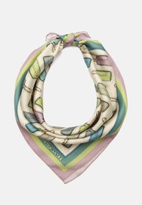 Silk tørklæde med en lys beige baggrund og farverige håndtaske-illustrationer. Kantet med pastelfarver i grøn, blå og pink. Firkantet form.