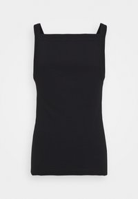 Black ribbed tank top with a square neckline. Features slim straps and a fitted silhouette. Made from stretchy fabric for comfort.