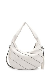 Witte neplederen handtas met een gebogen vorm, voorzien van diagonale zwarte strepen en een afneembare kwastaccent. Enkele handgreep en ritssluiting.