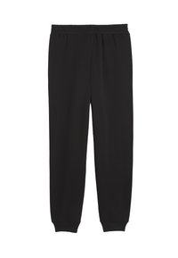 Sorte sweatpants lavet af blød stof, med elastisk talje, afsluttede ankler, og en lige ben design uden mønstre eller accenter.