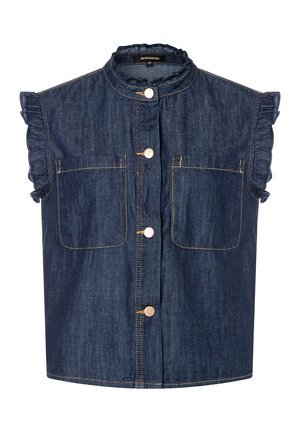 Ærmeløs mørk denimvest med flæset ærmegab, ståkrave, knaplukning foran og to forlommer med kontrastsyning.