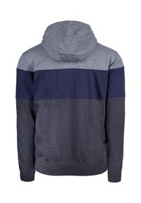 Sudadera con capucha que presenta un diseño a bloques de color en gris, azul oscuro y marino. Fabricada con un tejido suave con un acabado texturizado.