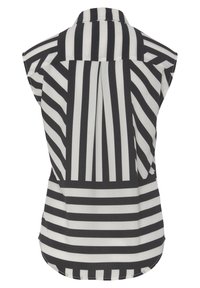 Blusa a maniche corte in bianco e nero, caratterizzata da strisce orizzontali e verticali di dimensioni variabili, un colletto e un retro plissettato per aggiungere texture.