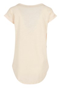 Light beige short-sleeve top with a rounded neckline, curved hem, and slightly sheer texture. Features rolled sleeves and soft, lightweight fabric.