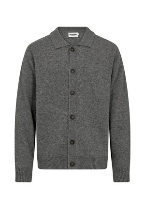 Grauer gestrickter Cardigan mit einem kragenlosen Ausschnitt, vorderen Knöpfen, Rippbündchen und Saum. Hergestellt aus einem weichen Wollmischgewebe.