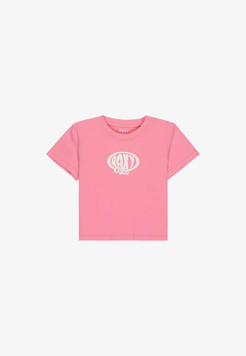 Růžové tričko s krátkým rukávem vyrobené z bavlny, s bílým grafickým logem uprostřed. Klasický střih s kulatým výstřihem.