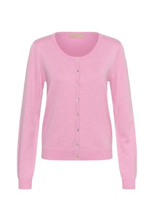 Cardigan rose clair à manches longues avec encolure ronde et sept petits boutons sur le devant, poignets et ourlet côtelés.